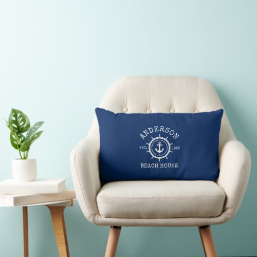 Beach House Nautical Anchor Rope Helm Navy Blue Lumbar Pillow