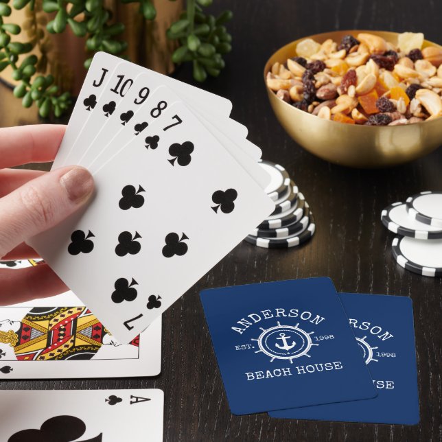 Beach House Nautical Anchor Rope Helm Navy Blue Poker Cards (In Situ)