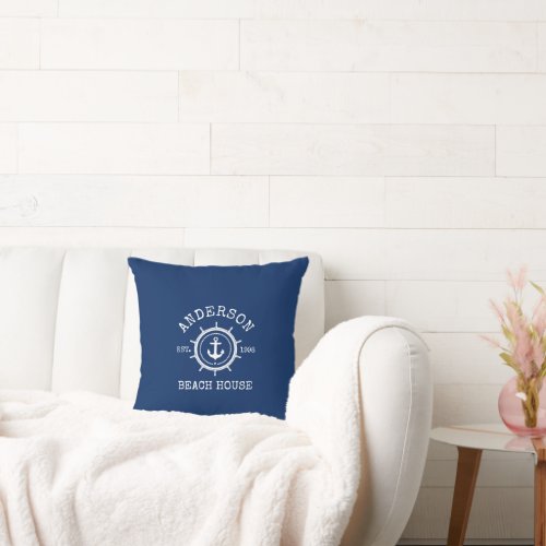 Beach House Nautical Anchor Rope Helm Navy Blue Throw Pillow