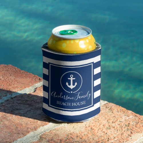 Beach House Nautical Anchor Rope Star Blue Striped Can Cooler