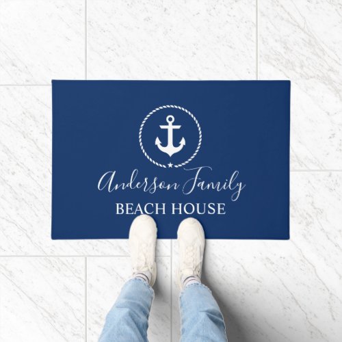 Beach House Nautical Anchor Rope Star Navy Blue Doormat
