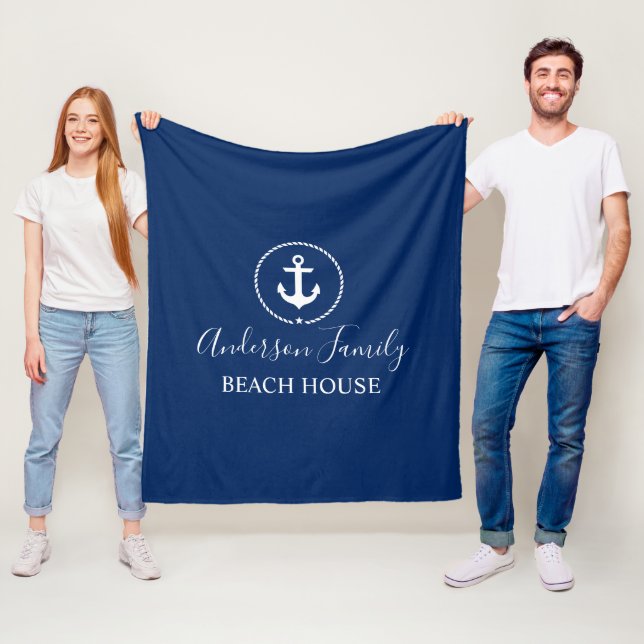 Beach House Nautical Anchor Rope Star Navy Blue Fleece Blanket (In Situ)