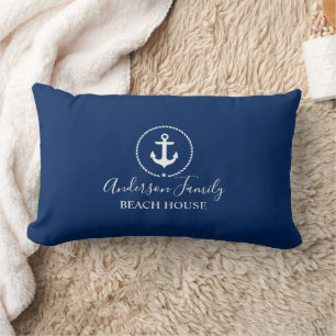 Beach House Nautical Anchor Rope Star Navy Blue Lumbar Pillow