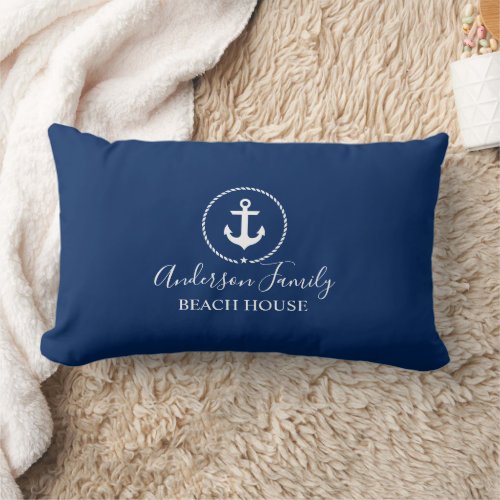 Beach House Nautical Anchor Rope Star Navy Blue Lumbar Pillow