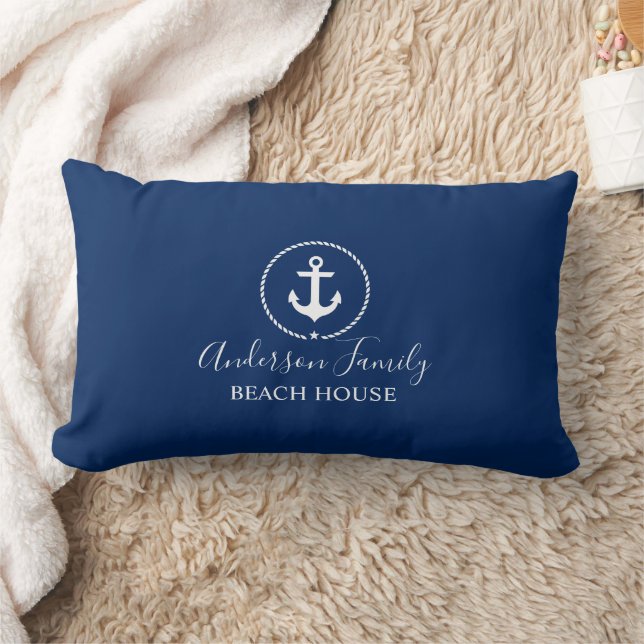 Beach House Nautical Anchor Rope Star Navy Blue Lumbar Pillow (Blanket)