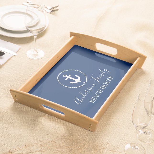 Beach House Nautical Anchor Rope Star Navy Blue Serving Tray (Front)