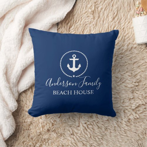 Beach House Nautical Anchor Rope Star Navy Blue Throw Pillow
