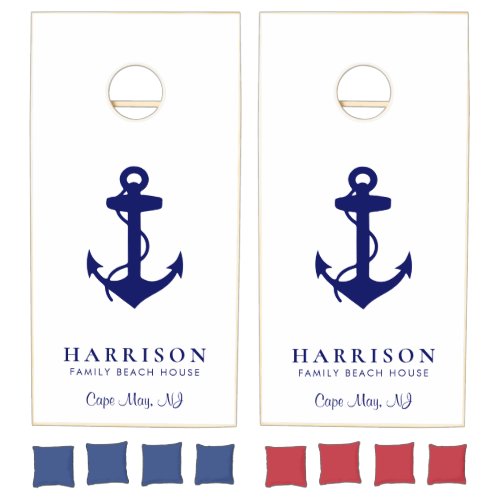 Beach House Nautical Anchor White Navy Family Name Cornhole Set