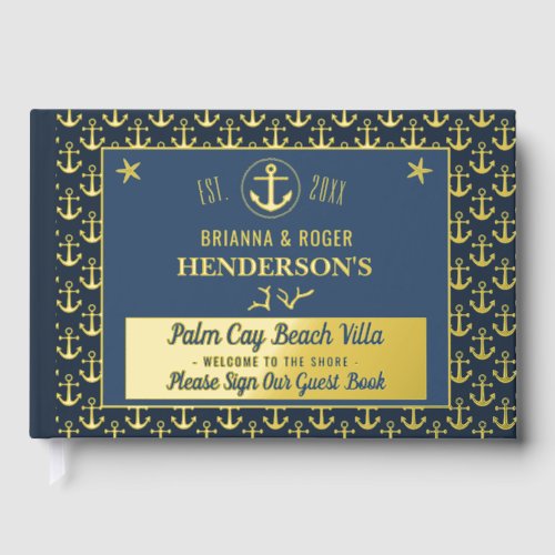 Beach House Nautical Anchors Vacation Rental Gold Foil Guest Book