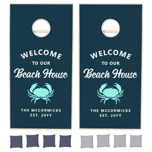 Beach House Nautical Blue Crab Family Monogram Cornhole Set