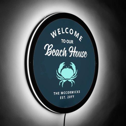 Beach House Nautical Blue Crab Family Monogram LED Sign