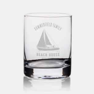 Beach House Nautical Boat Family Name Custom Rocks Glass