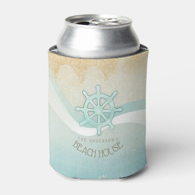 Beach House Nautical Boat Helm Aqua Blue ID623 Can Cooler (Can Front)