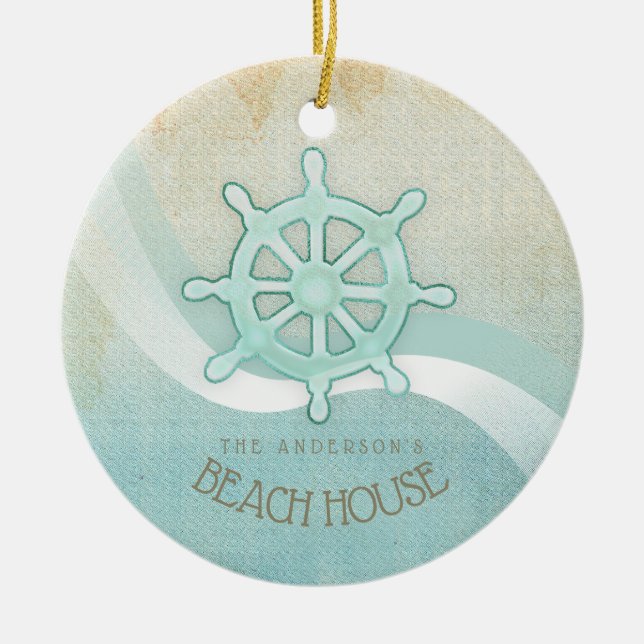 Beach House Nautical Boat Helm Aqua Blue ID623 Ceramic Ornament (Front)
