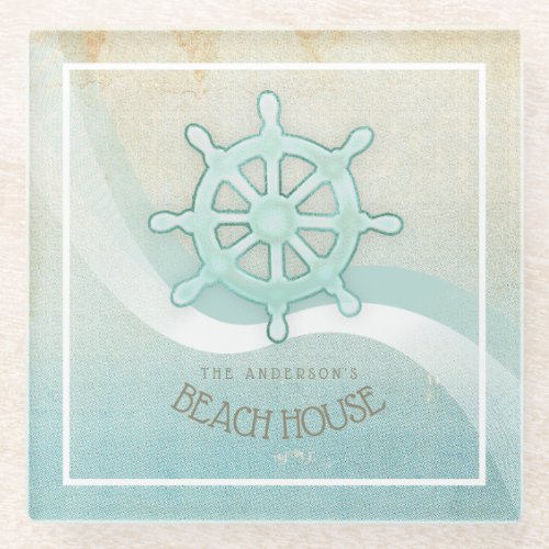 Beach House Nautical Boat Helm Aqua Blue ID623 Glass Coaster