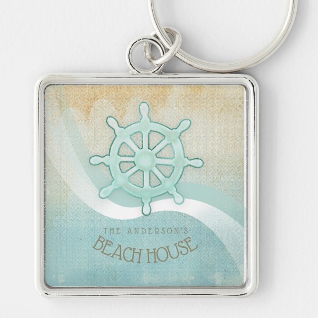 Beach House Nautical Boat Helm Aqua Blue ID623 Keychain (Front)