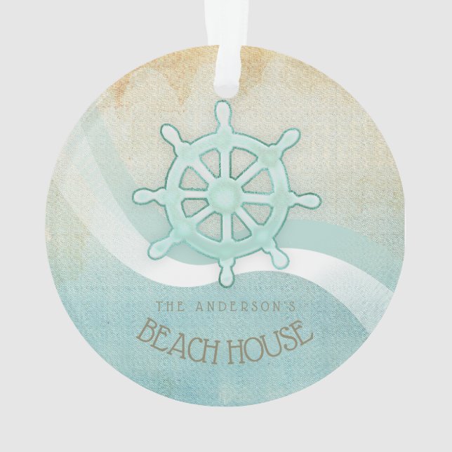 Beach House Nautical Boat Helm Aqua Blue ID623 Ornament (Back)