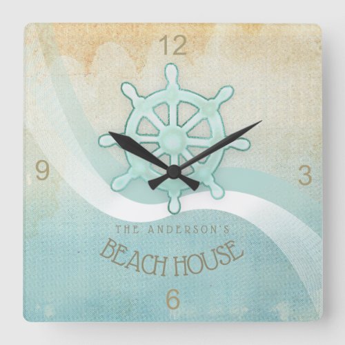 Beach House Nautical Boat Helm Aqua Blue ID623 Square Wall Clock
