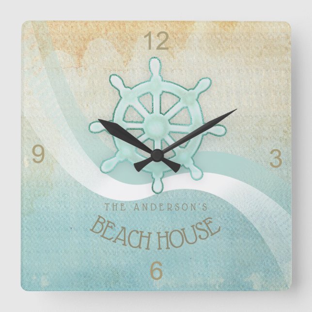 Beach House Nautical Boat Helm Aqua Blue ID623 Square Wall Clock (Front)
