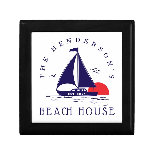 Beach House Nautical boat Sunset navy blue Gift Box (Front)