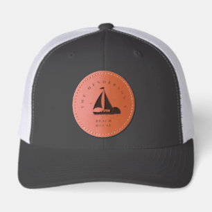 Beach House Nautical boat Sunset navy blue Leather Patch Hat