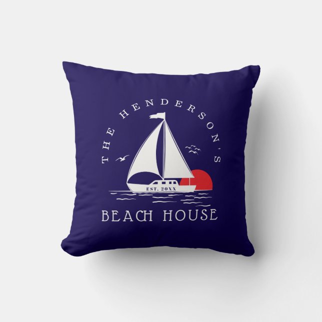 Beach House  Nautical boat Sunset Vacation Throw Pillow (Front)