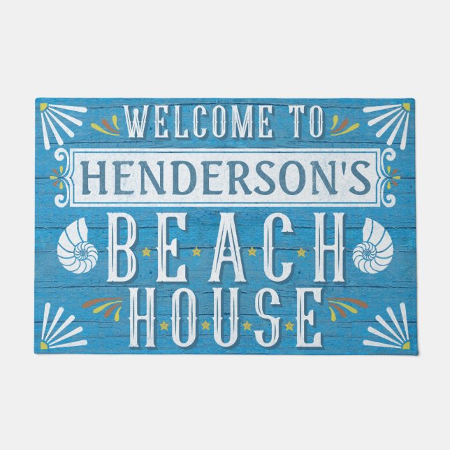 Beach House Nautical Coastal Shells Custom Name Doormat (Front)