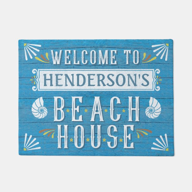 Beach House Nautical Coastal Shells Custom Name v2 Doormat (Front)