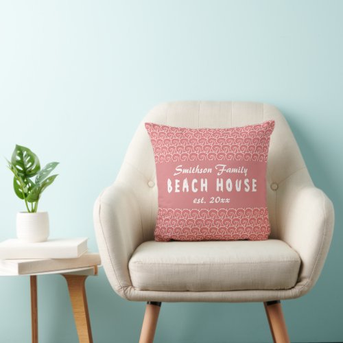 Beach House Nautical Coral Ocean Water Waves Name Throw Pillow