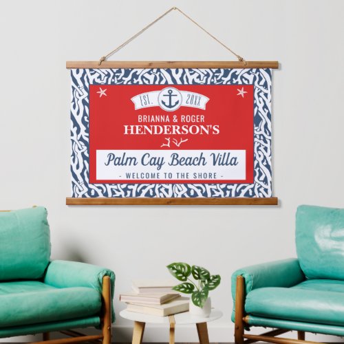 Beach House Nautical Coral Pattern Custom Red Navy Hanging Tapestry