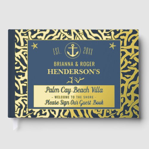 Beach House Nautical Coral Vacation Rental Gold Foil Guest Book