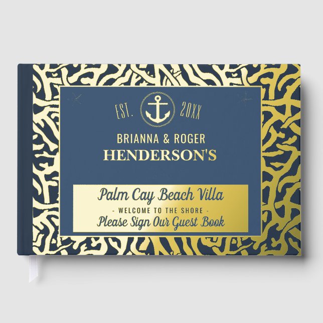 Beach House Nautical Coral Vacation Rental Gold Foil Guest Book (Front)