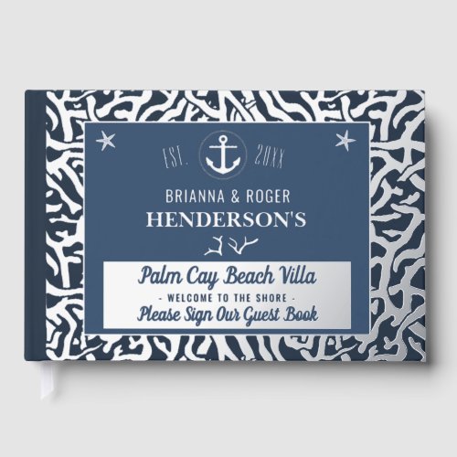 Beach House Nautical Coral Vacation Rental Silver Foil Guest Book