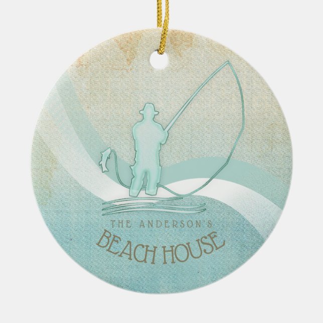Beach House Nautical Fisherman Aqua Blue ID623 Ceramic Ornament (Front)