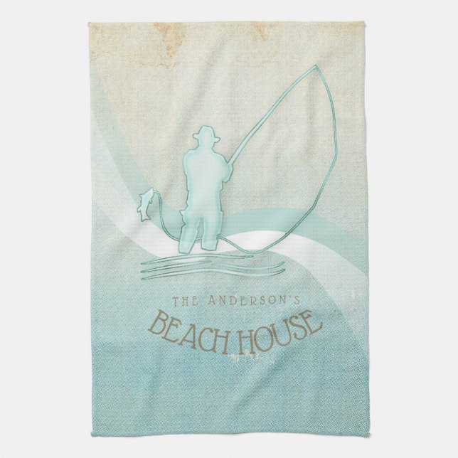 Beach House Nautical Fisherman Aqua Blue ID623 Kitchen Towel (Vertical)