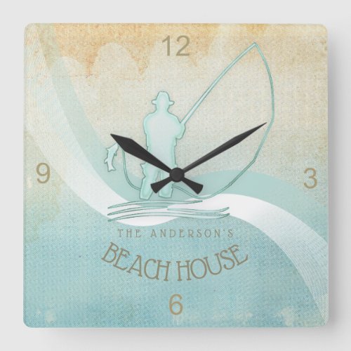 Beach House Nautical Fisherman Aqua Blue ID623 Square Wall Clock