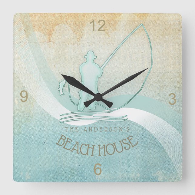 Beach House Nautical Fisherman Aqua Blue ID623 Square Wall Clock (Front)
