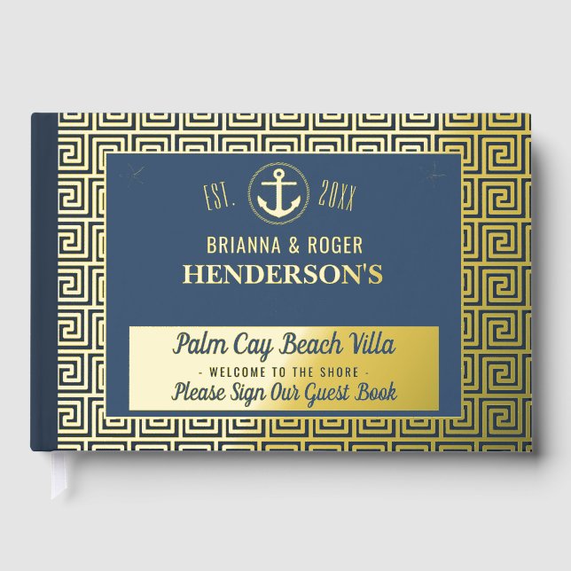 Beach House Nautical Key Vacation Rental Gold Foil Guest Book (Front)