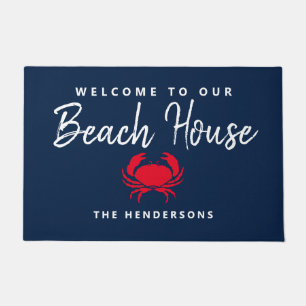 Beach House Nautical Navy Blue Red Crab Monogram Doormat
