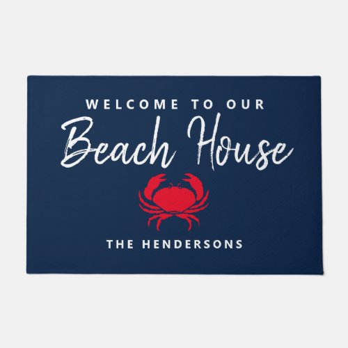 Beach House Nautical Navy Blue Red Crab Monogram Doormat