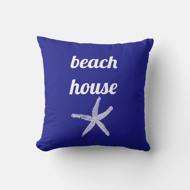 Beach House Nautical Navy Blue White Starfish Cute Outdoor Pillow (Front)
