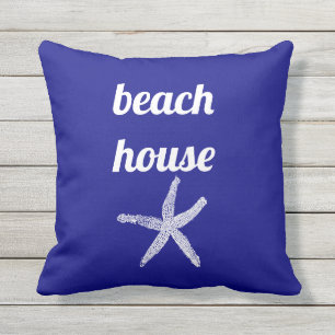 Beach House Nautical Navy Blue White Starfish Cute Outdoor Pillow