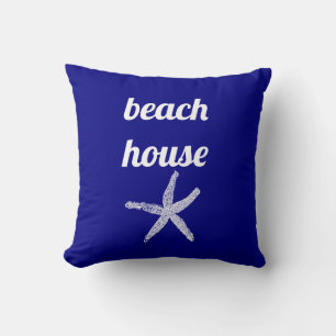 Beach House Nautical Navy Blue White Starfish Cute Throw Pillow
