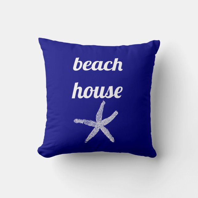 Beach House Nautical Navy Blue White Starfish Cute Throw Pillow (Front)
