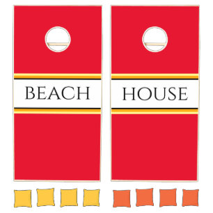 BEACH HOUSE Nautical Red White Racing Stripes Cornhole Set