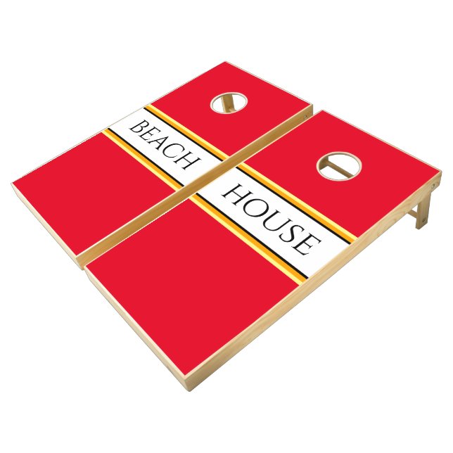 BEACH HOUSE Nautical Red White Racing Stripes  Cornhole Set (Angled)