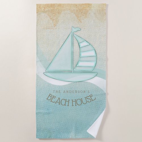 Beach House Nautical Sailboat Aqua Blue ID623 Beach Towel