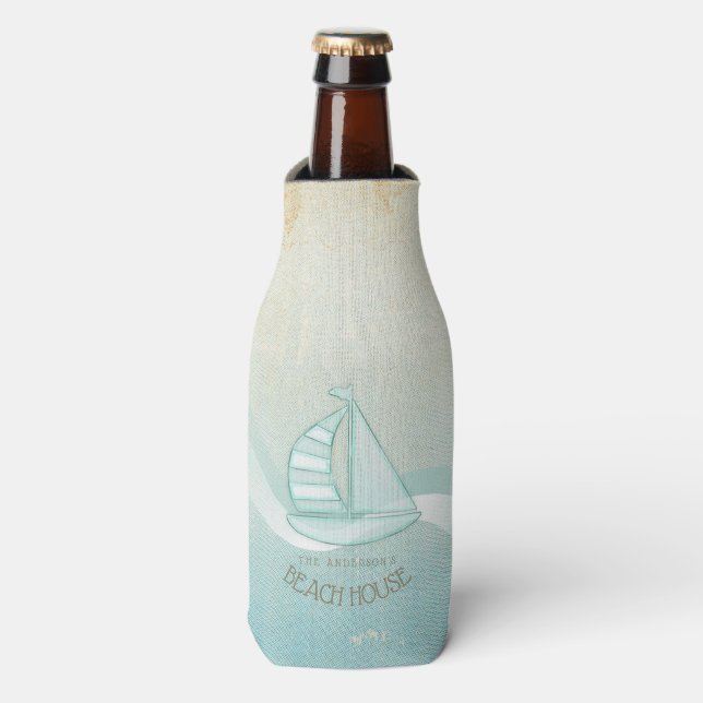 Beach House Nautical Sailboat Aqua Blue ID623 Bottle Cooler (Bottle Front)