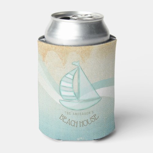 Beach House Nautical Sailboat Aqua Blue ID623 Can Cooler