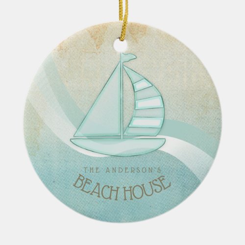Beach House Nautical Sailboat Aqua Blue ID623 Ceramic Ornament